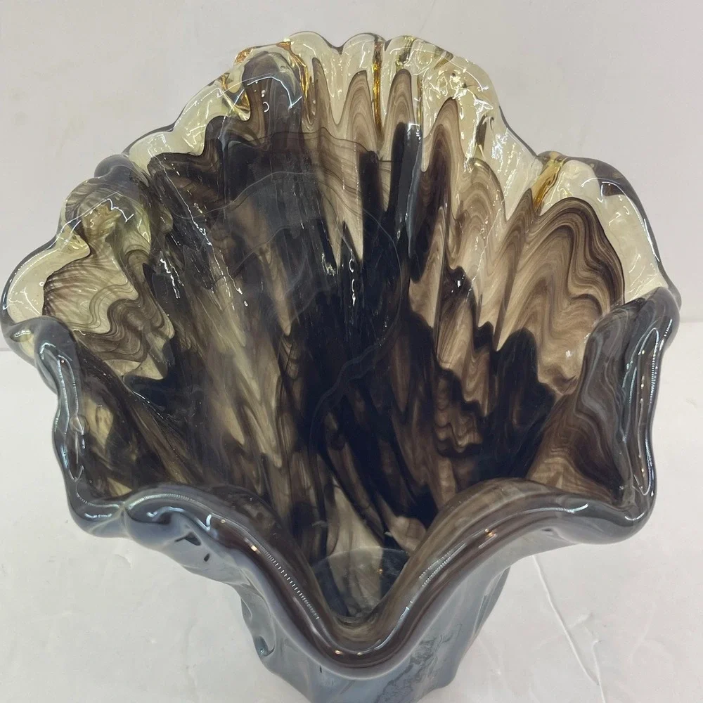 Vintage Murano Style Handkerchief Art Glass Vase Brown Swirl‎ Ruffle Hand Blown